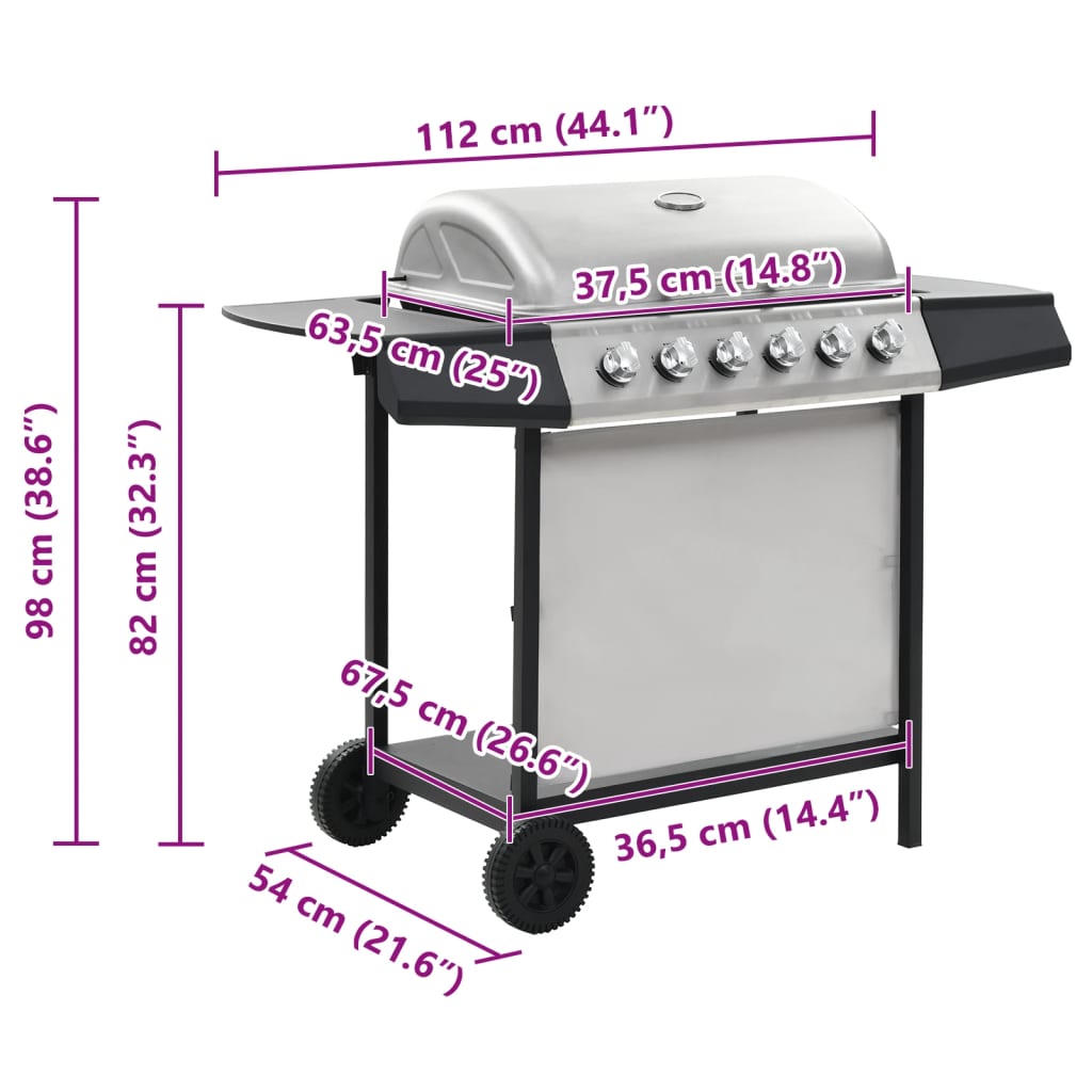 Gas BBQ Grill with 6 Cooking Zones Stainless Steel Silver