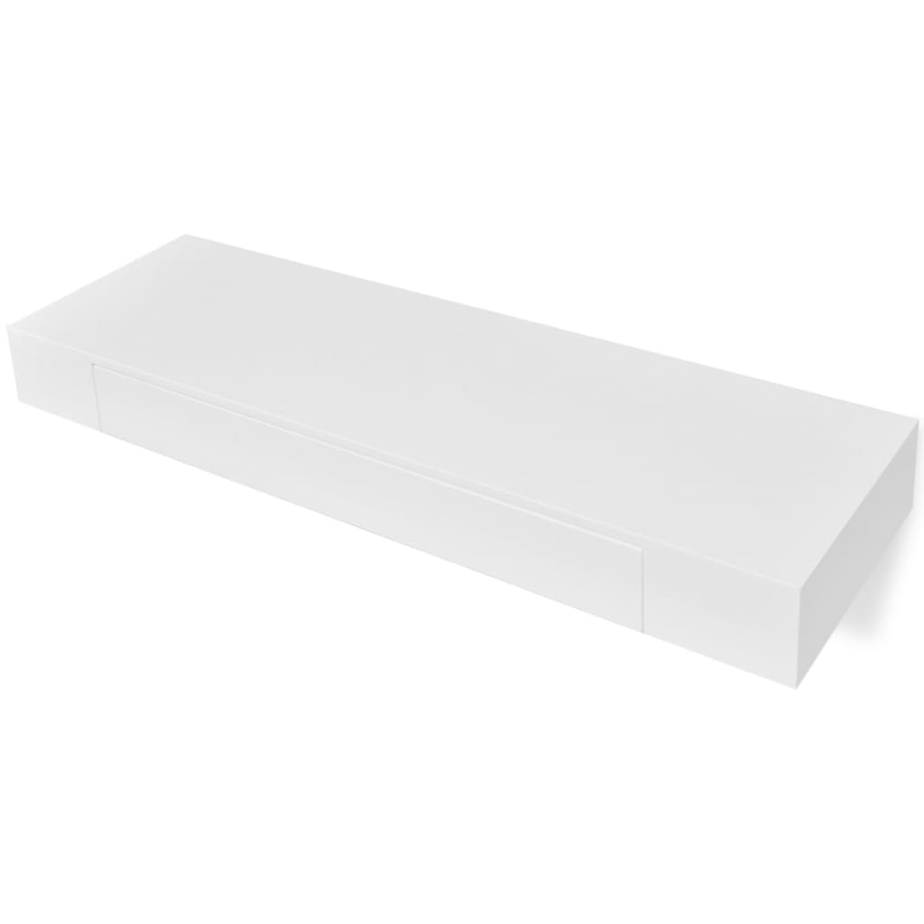 White MDF Floating Wall Display Shelf 1 Drawer Book/DVD Storage