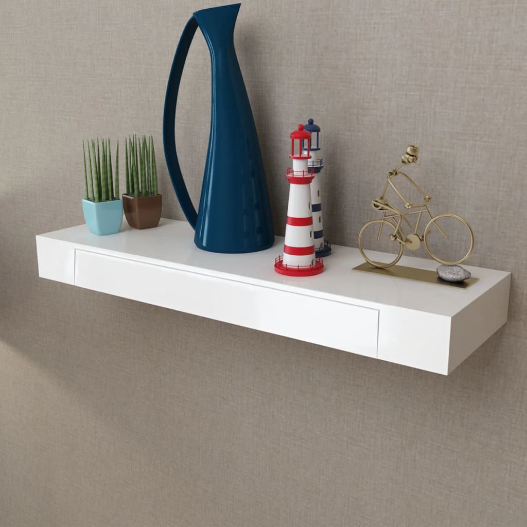 White MDF Floating Wall Display Shelf 1 Drawer Book/DVD Storage