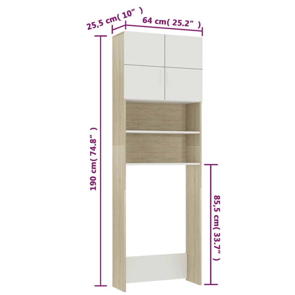 Washing Machine Cabinet White and Sonoma Oak 64x25.5x190 cm