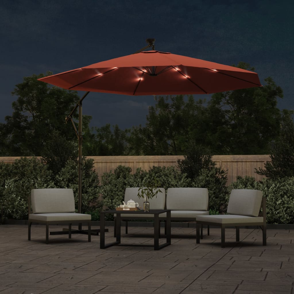 Cantilever Garden Parasol with LED Lights and Steel Pole Terracotta