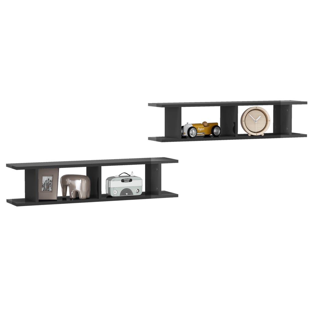 Wall Shelf 2 pcs High Gloss Grey 90x18x20 cm Engineered Wood