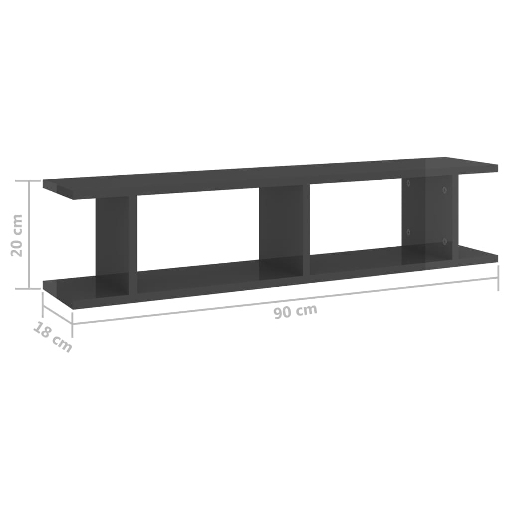 Wall Shelf 2 pcs High Gloss Grey 90x18x20 cm Engineered Wood