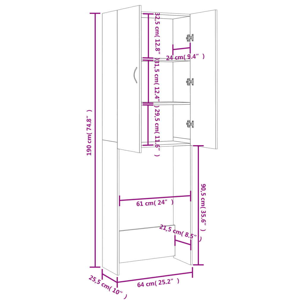 Washing Machine Cabinet High Gloss White 64x25.5x190 cm