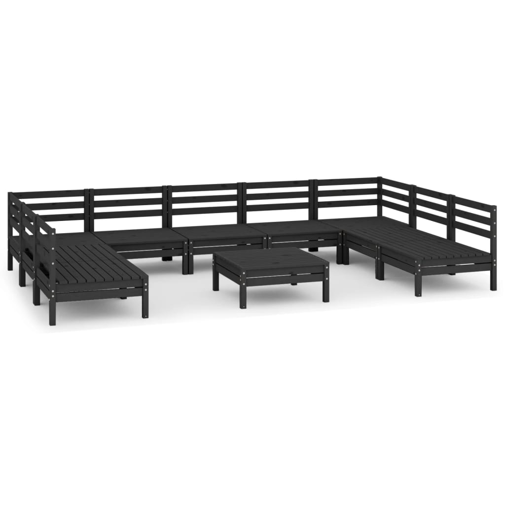 10 Piece Garden Lounge Set Black Solid Wood Pine