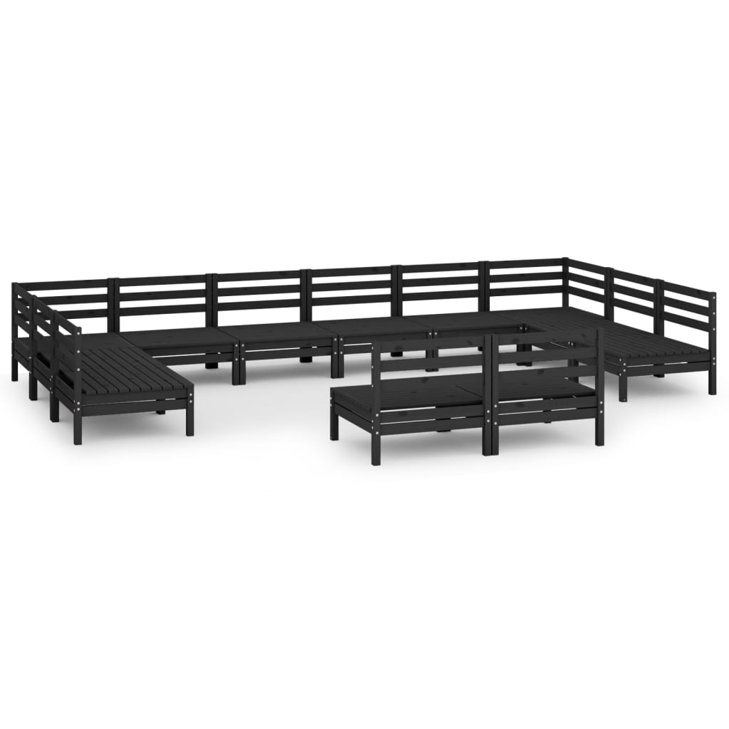 12 Piece Garden Lounge Set Black Solid Wood Pine