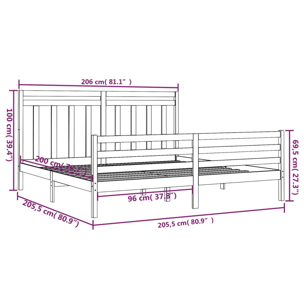 \vidaXL Bed Frame without Mattress Black 200x200 cm Solid Wood