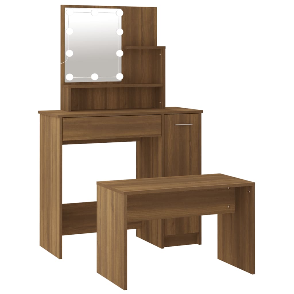 Dressing Table Set with LED Brown Oak Engineered Wood