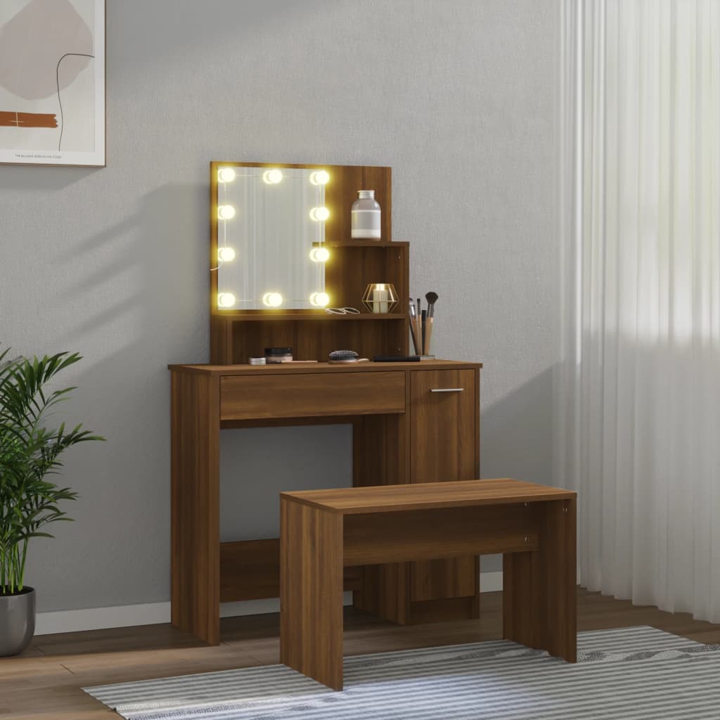Dressing Table Set with LED Brown Oak Engineered Wood