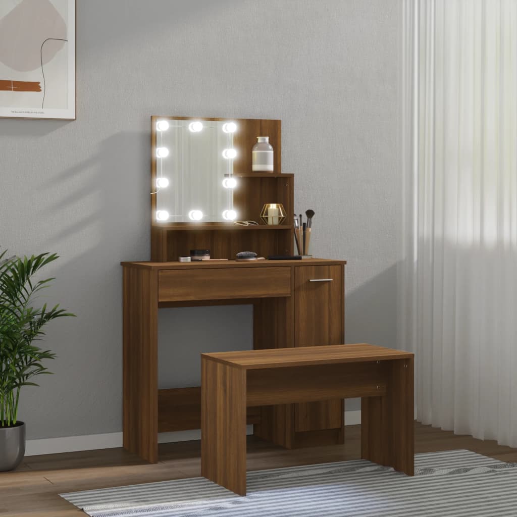 Dressing Table Set with LED Brown Oak Engineered Wood