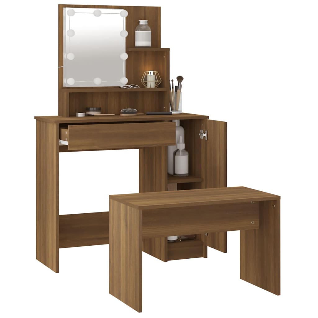 Dressing Table Set with LED Brown Oak Engineered Wood