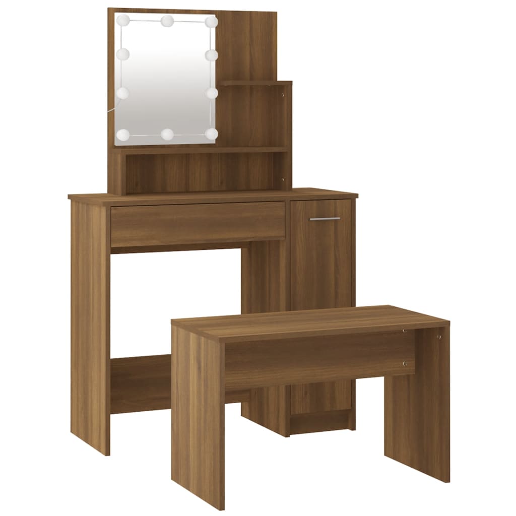 Dressing Table Set with LED Brown Oak Engineered Wood