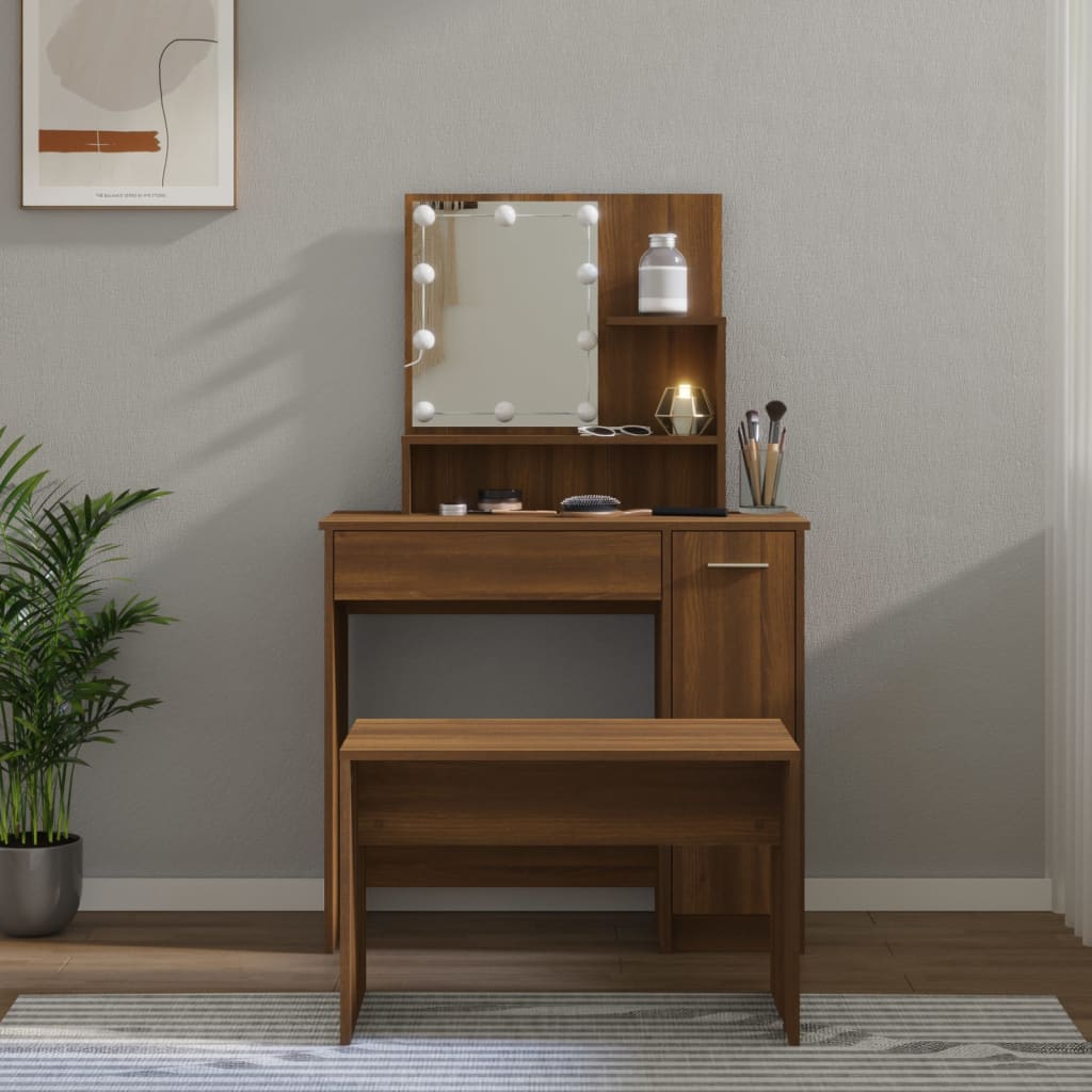 Dressing Table Set with LED Brown Oak Engineered Wood