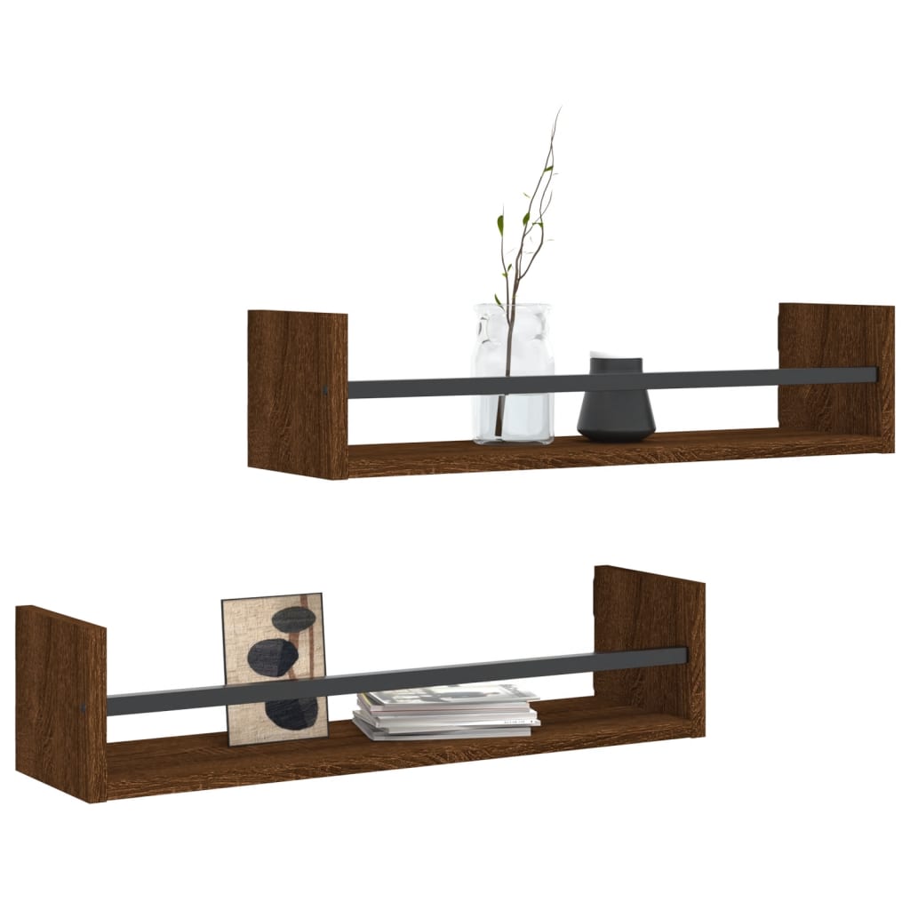 Wall Shelves with Bars 2 pcs Brown Oak 60x16x14 cm