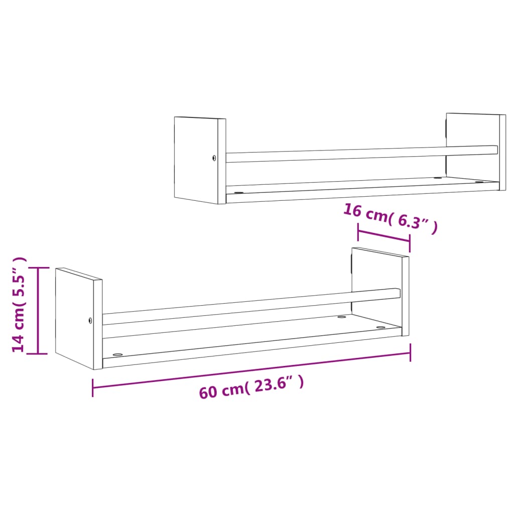 Wall Shelves with Bars 2 pcs Brown Oak 60x16x14 cm