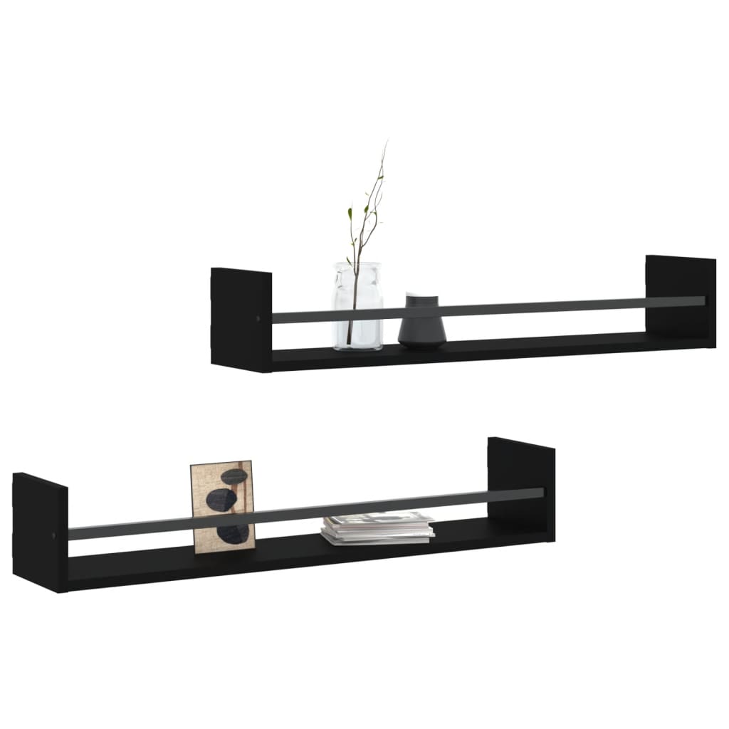 Wall Shelves with Bars 2 pcs Black 80x16x14 cm