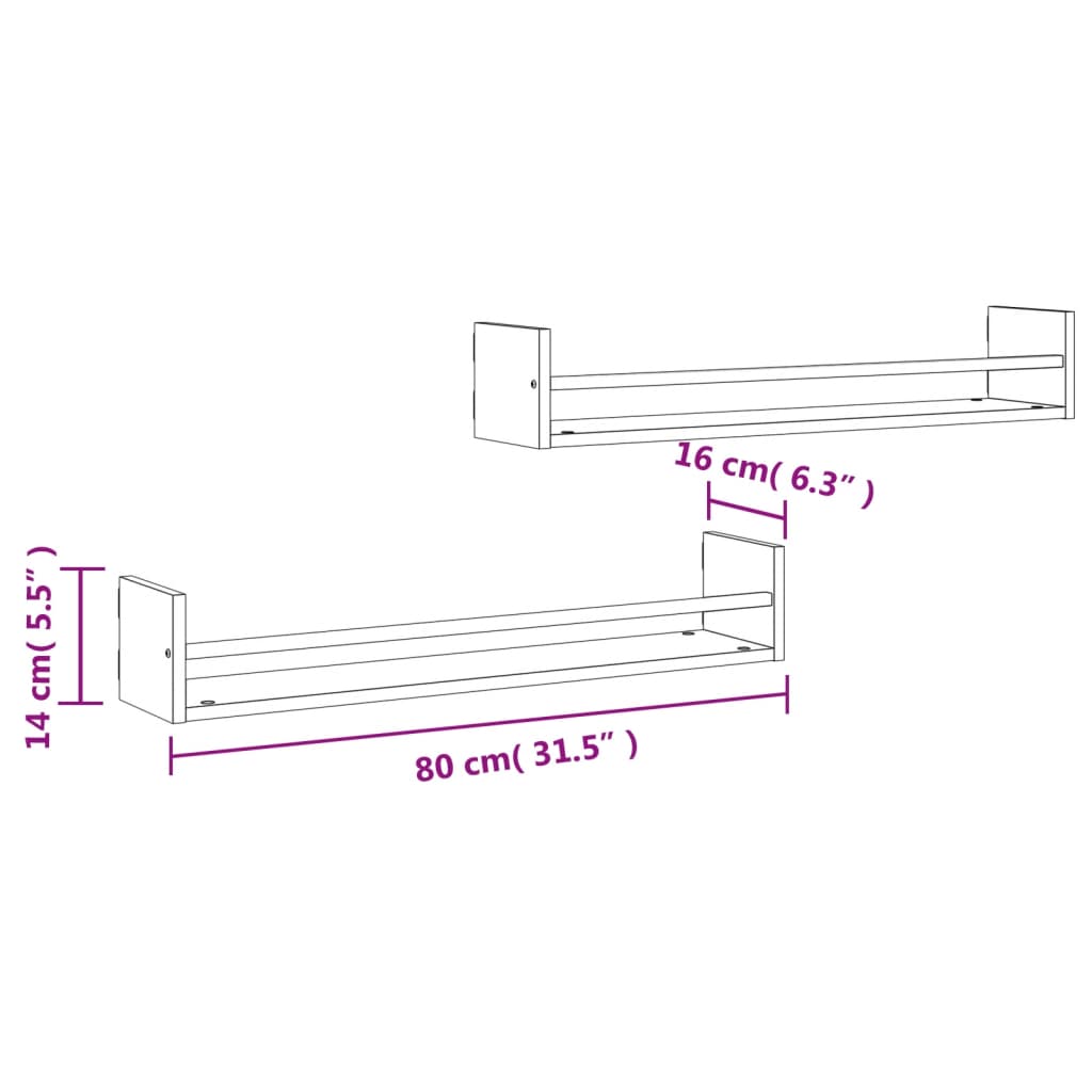 Wall Shelves with Bars 2 pcs Black 80x16x14 cm