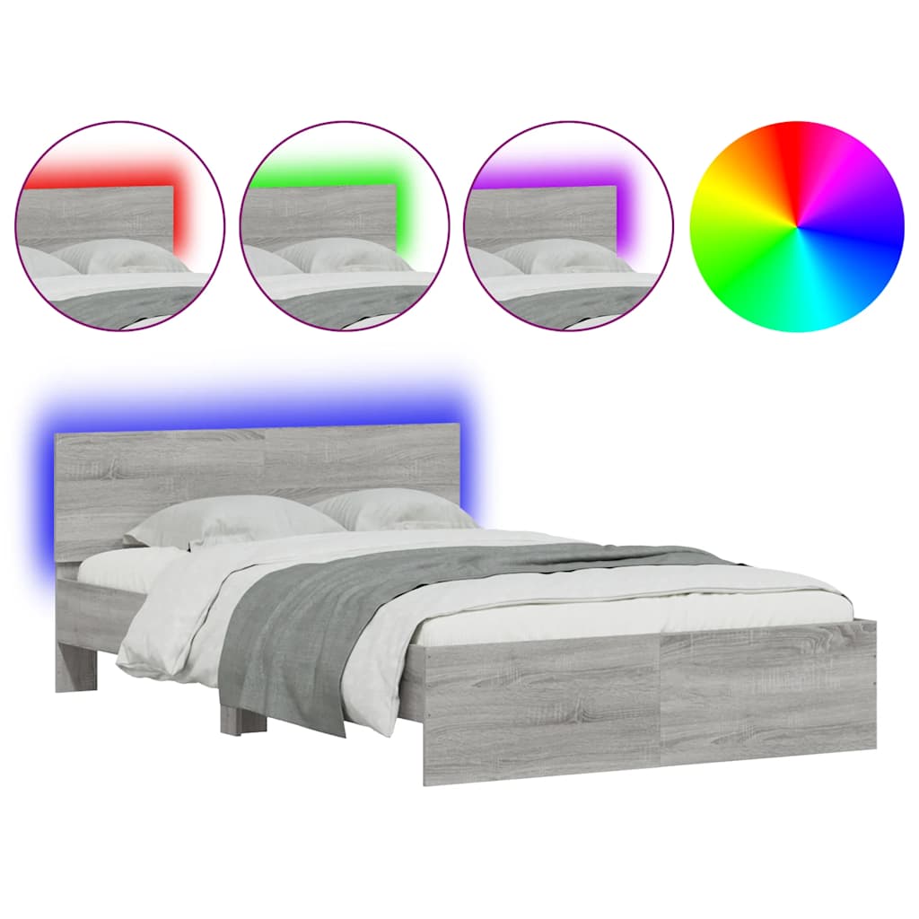 Bed Frame with Headboard and LED Grey Sonoma 135x190 cm Double
