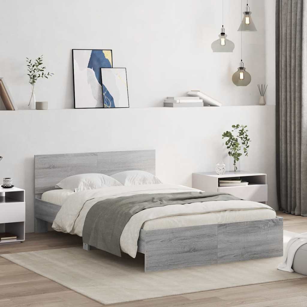Bed Frame with Headboard and LED Grey Sonoma 135x190 cm Double