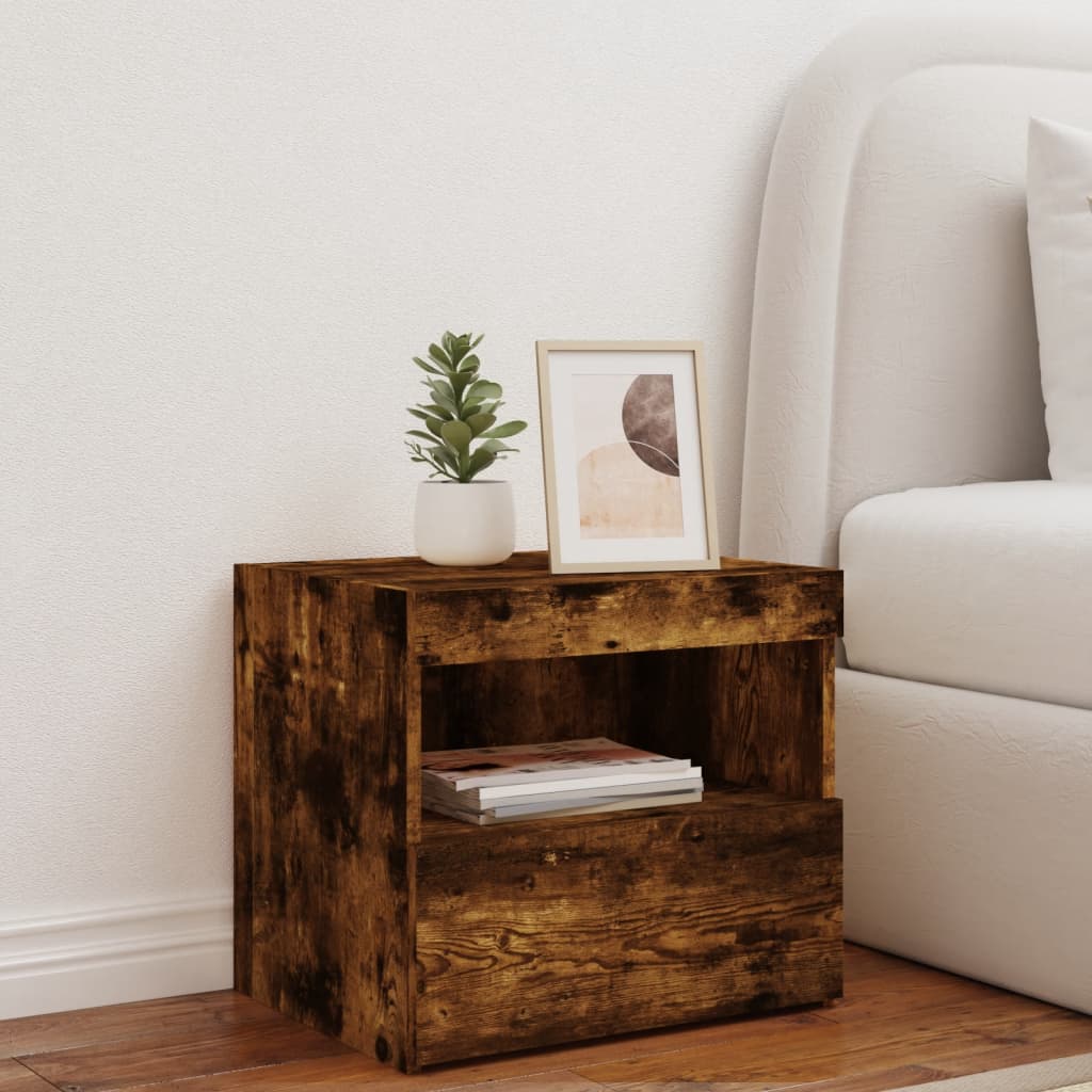Bedside Cabinet with LED Lights Smoked Oak 50x40x45 cm