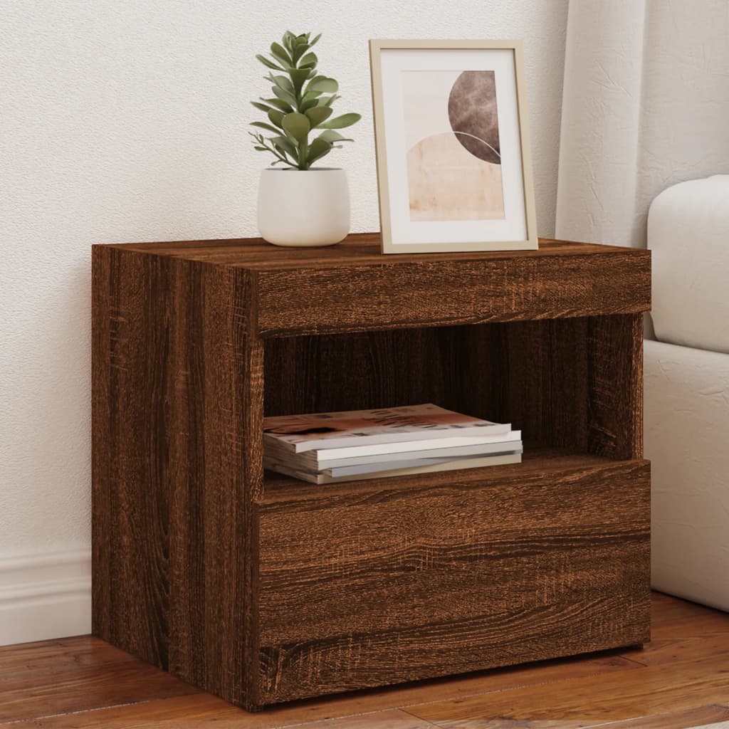 Bedside Cabinet with LED Lights Brown Oak 50x40x45 cm
