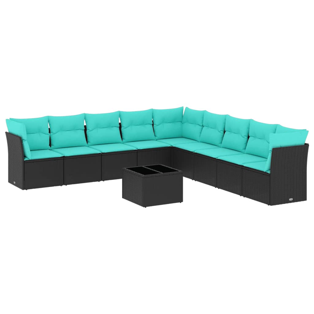 10 Piece Garden Sofa Set with Cushions Black Poly Rattan