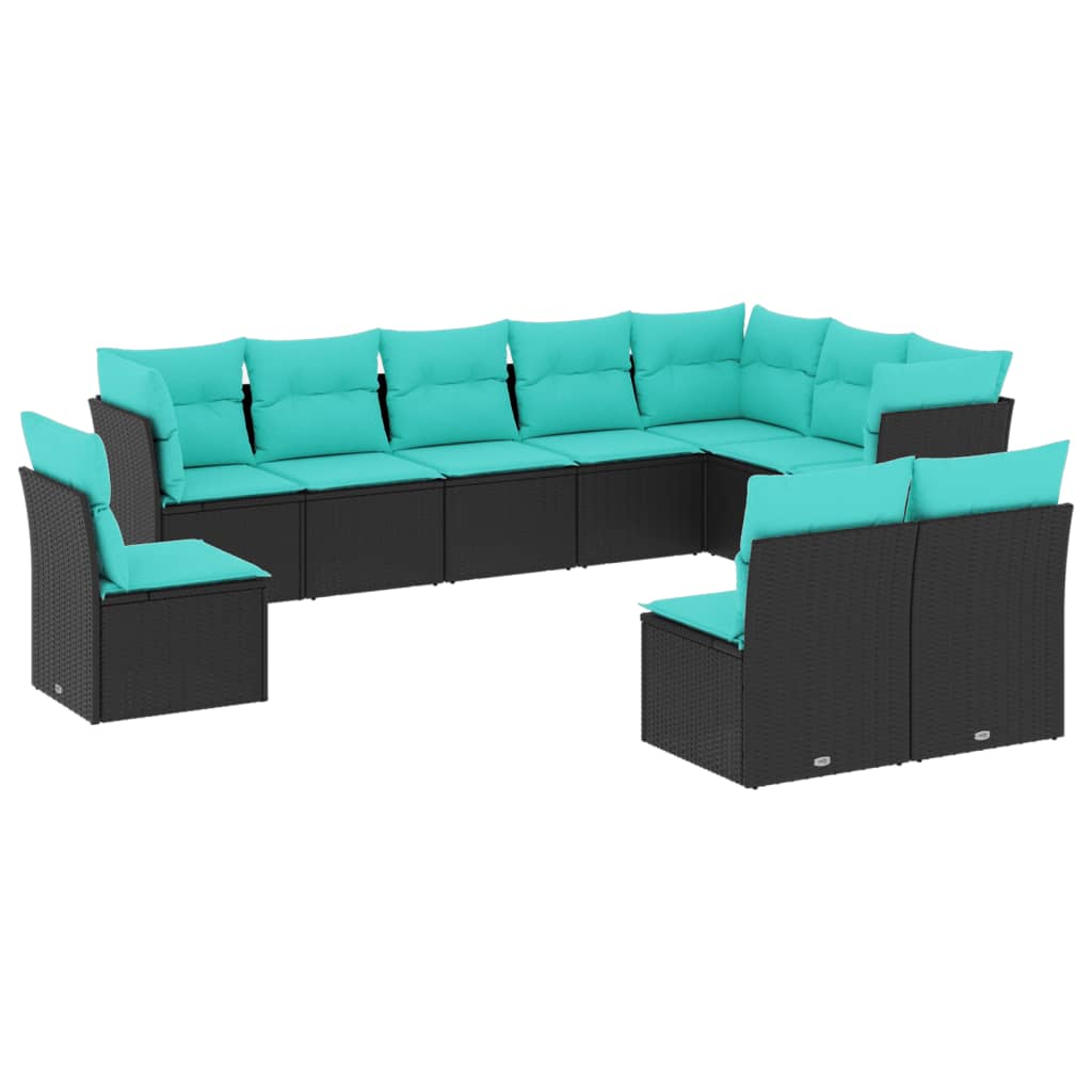10 Piece Garden Sofa Set with Cushions Black Poly Rattan