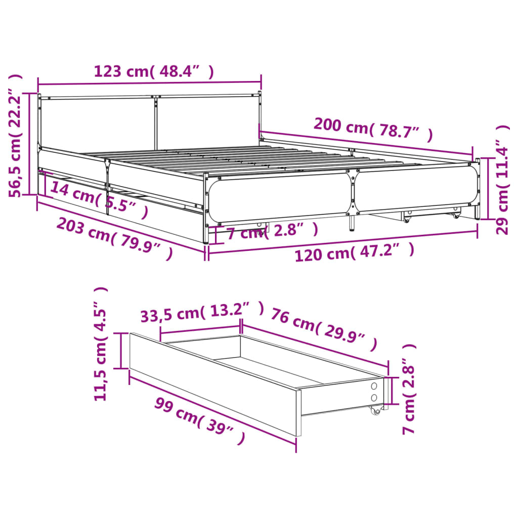 Bed Frame with Drawers without Mattress Smoked Oak 120x200 cm