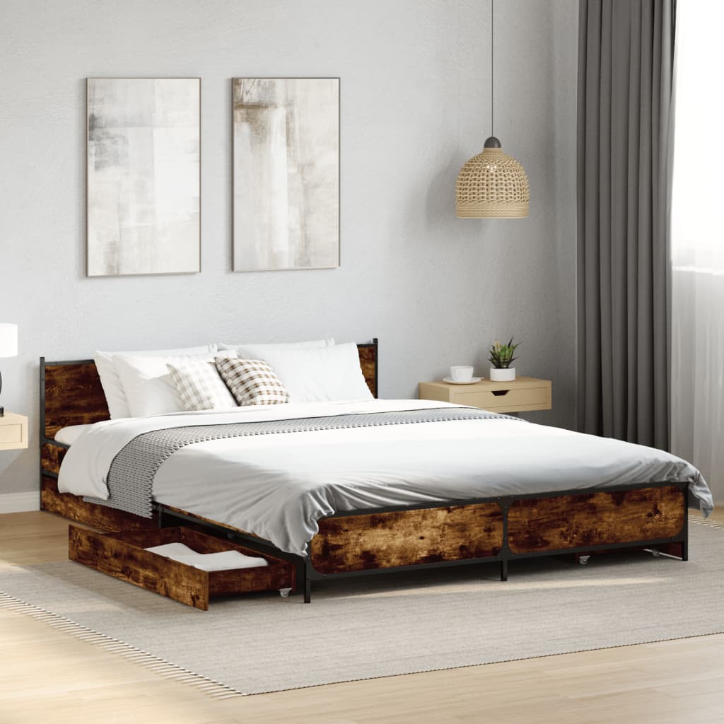 Bed Frame with Drawers without Mattress Smoked Oak 120x200 cm
