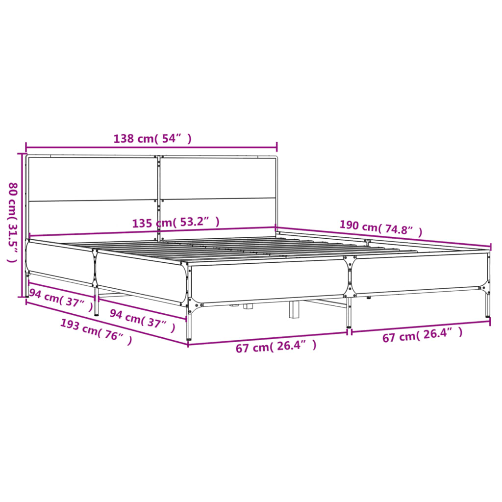 Bed Frame without Mattress Grey Sonoma 135x190 cm Double