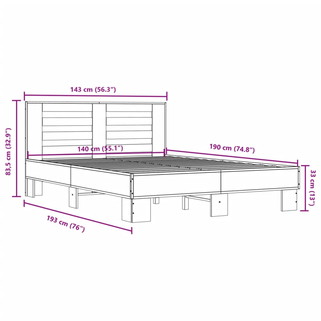 Bed Frame without Mattress Grey Sonoma 140x190 cm
