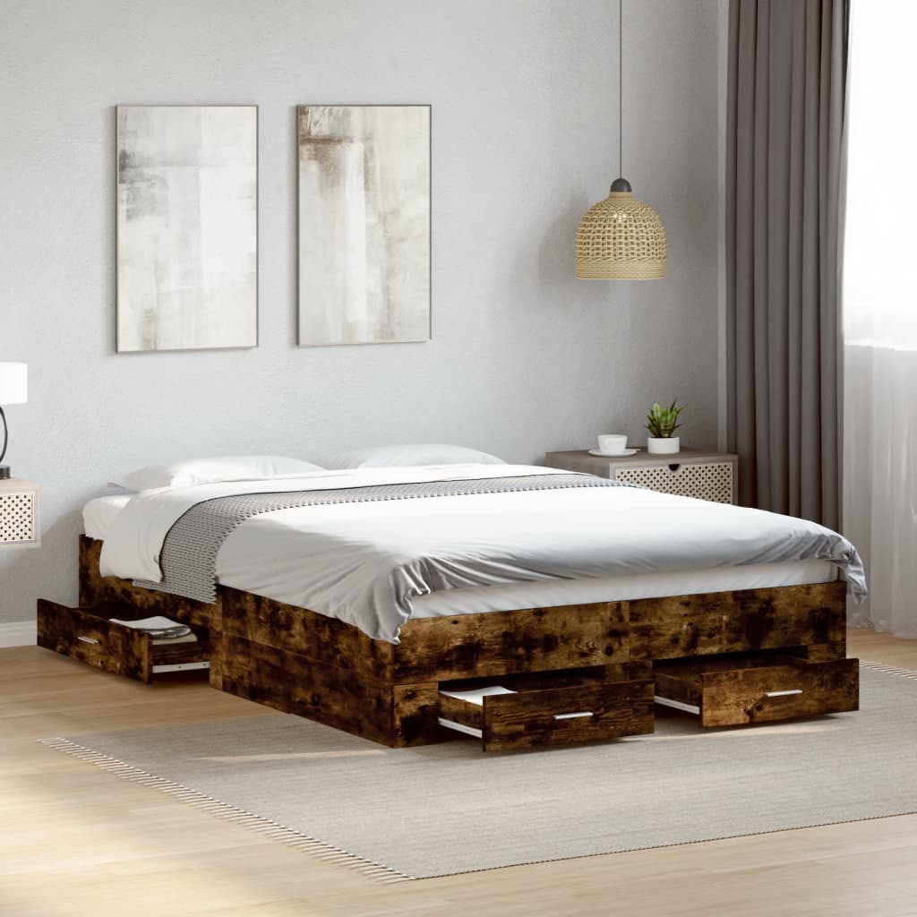 Bed Frame with Drawers without Mattress Smoked Oak 120x190 cm Small Double