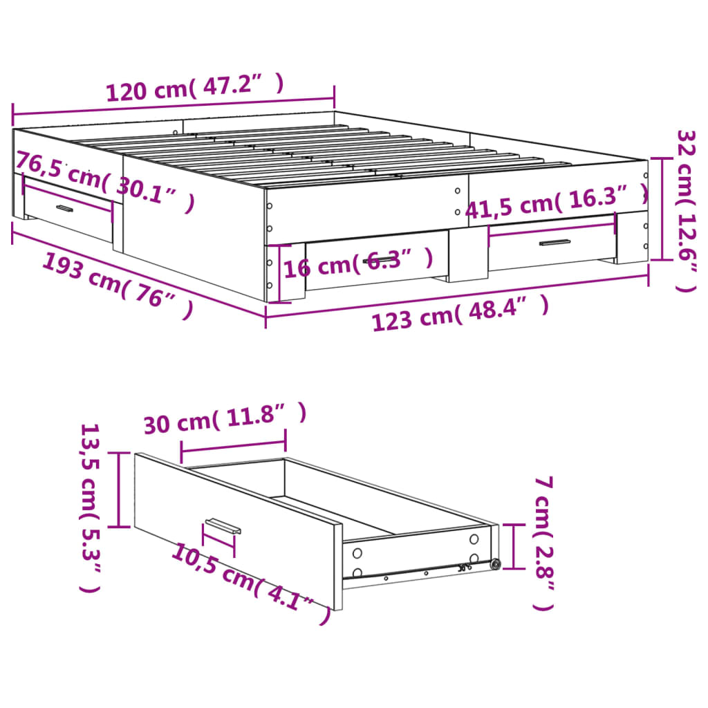 Bed Frame with Drawers without Mattress Brown Oak 120x190 cm Small Double