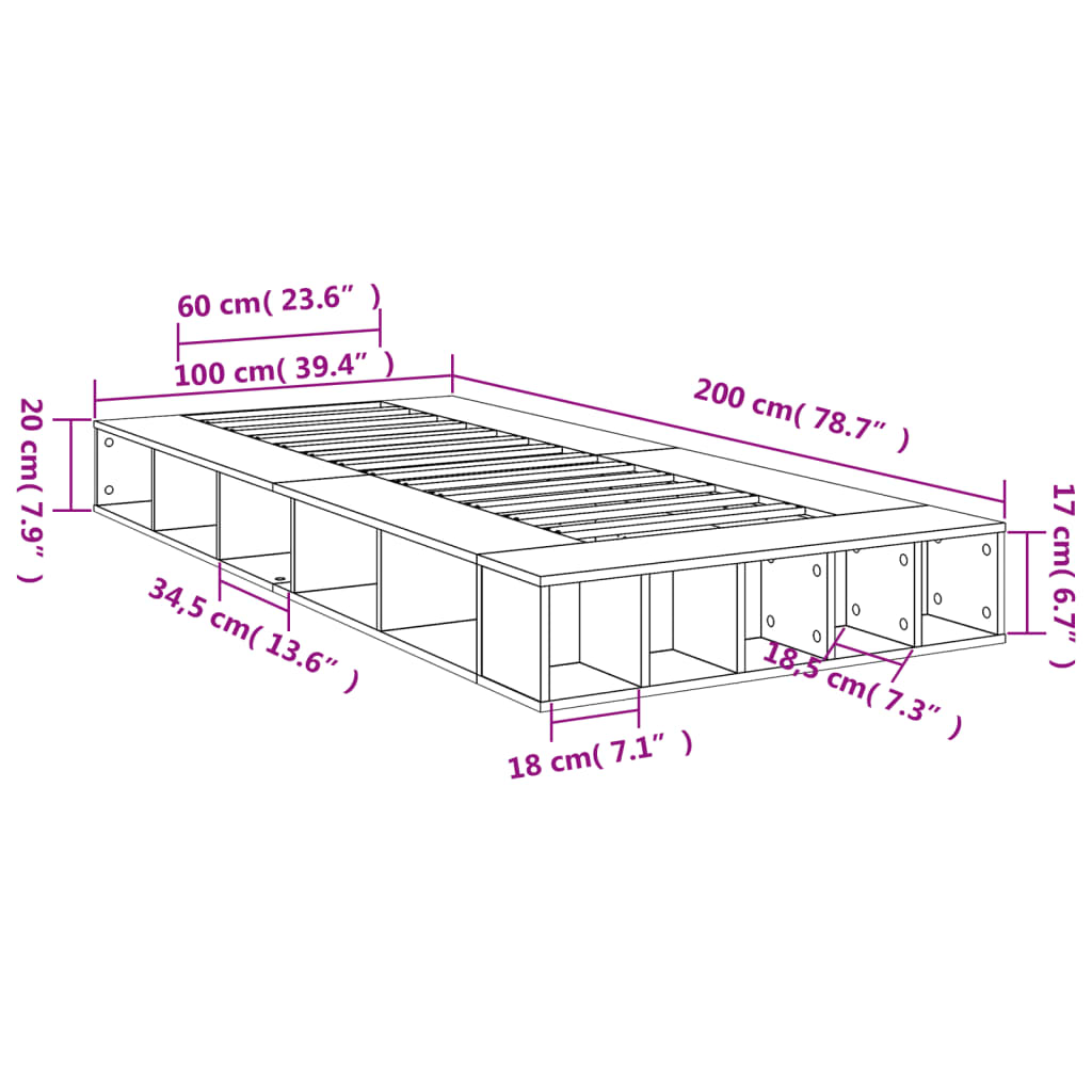 Bed Frame without Mattress Grey Sonoma 100x200 cm