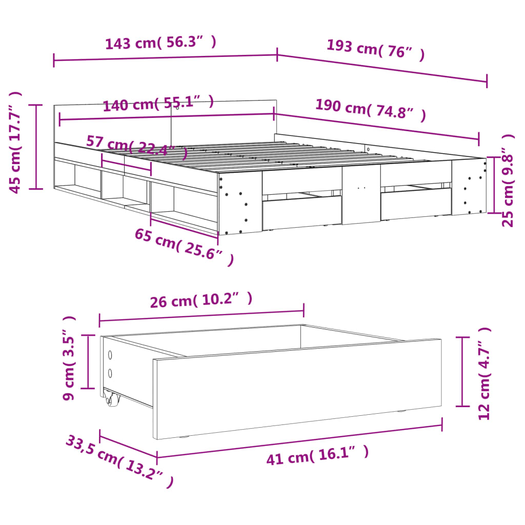 Bed Frame with Drawers without Mattress White 140x190 cm