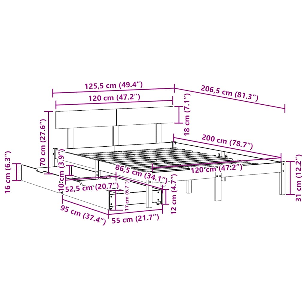 Bed Frame without Mattress White 120x200 cm Solid Wood Pine