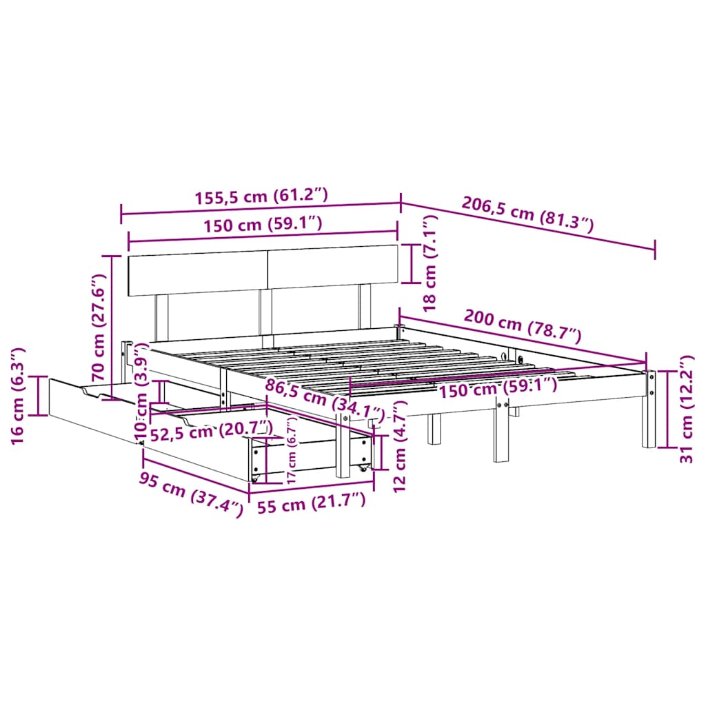 Bed Frame without Mattress White 150x200 cm King Size Solid Wood Pine
