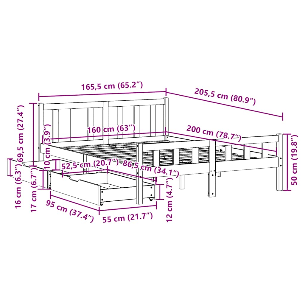 Bed Frame without Mattress 160x200 cm Solid Wood Pine