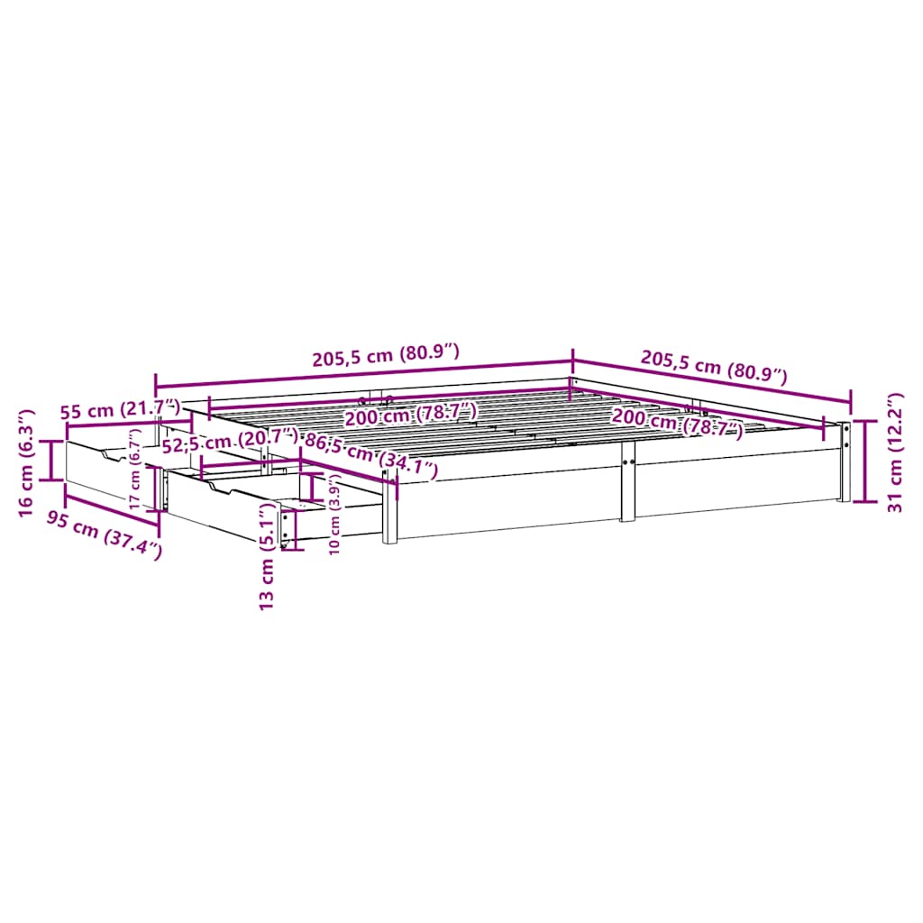 Bed Frame without Mattress White 200x200 cm Solid Wood Pine