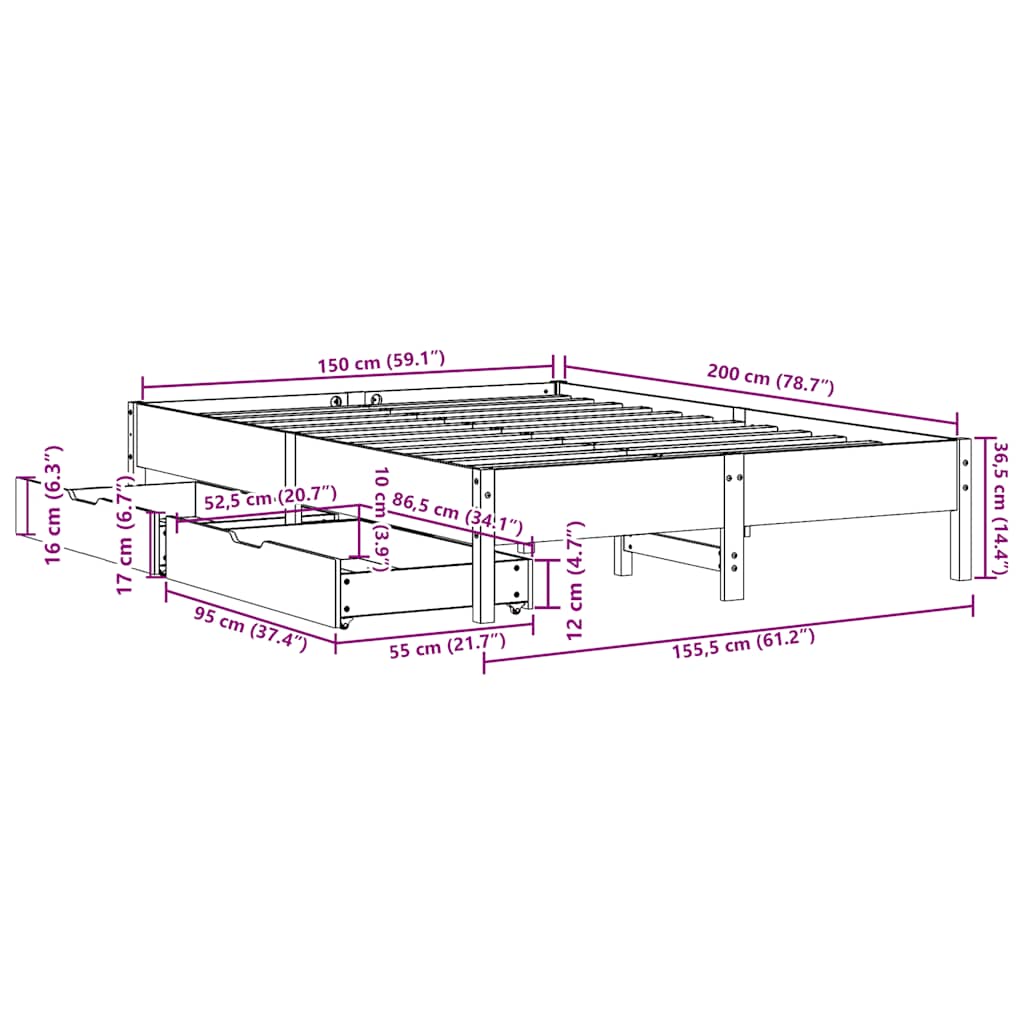 Bed Frame without Mattress White 150x200 cm King Size Solid Wood Pine
