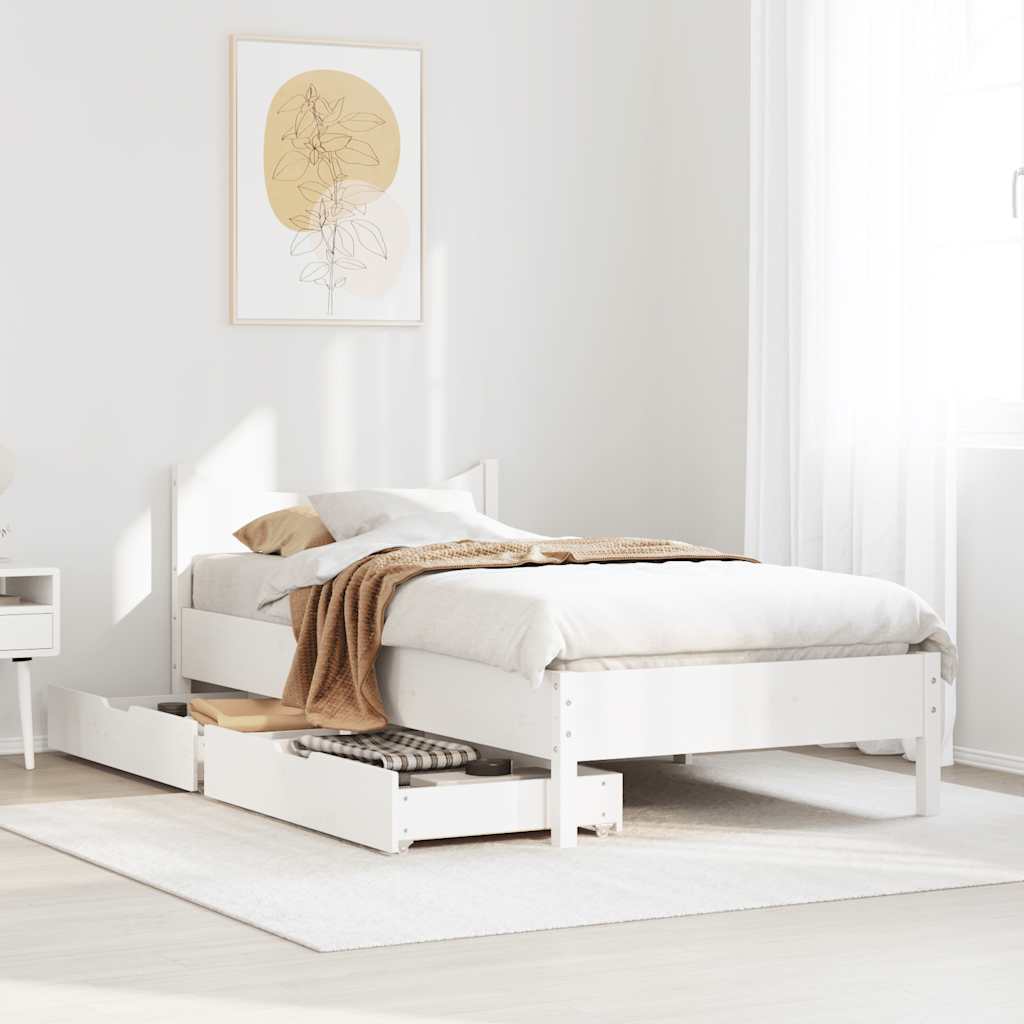 Bed Frame with Drawers White 75x190 cm Small Single Solid Wood Pine