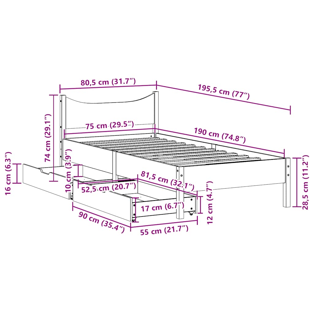 Bed Frame with Drawers White 75x190 cm Small Single Solid Wood Pine