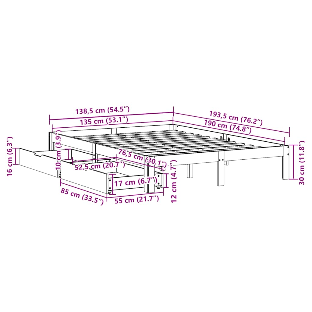 Bed Frame with Drawers without Mattress White 135x190 cm Double