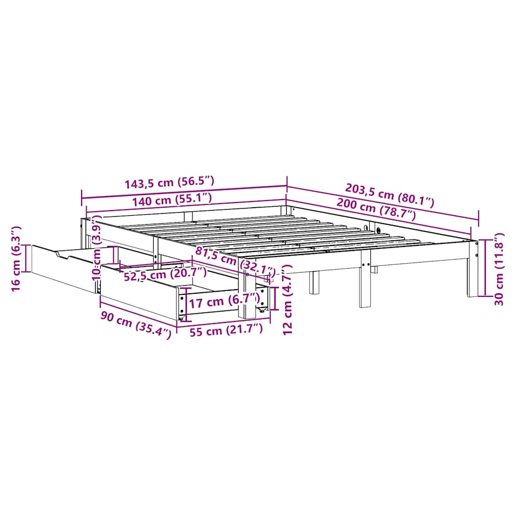 Bed Frame with Drawers without Mattress 140x200 cm