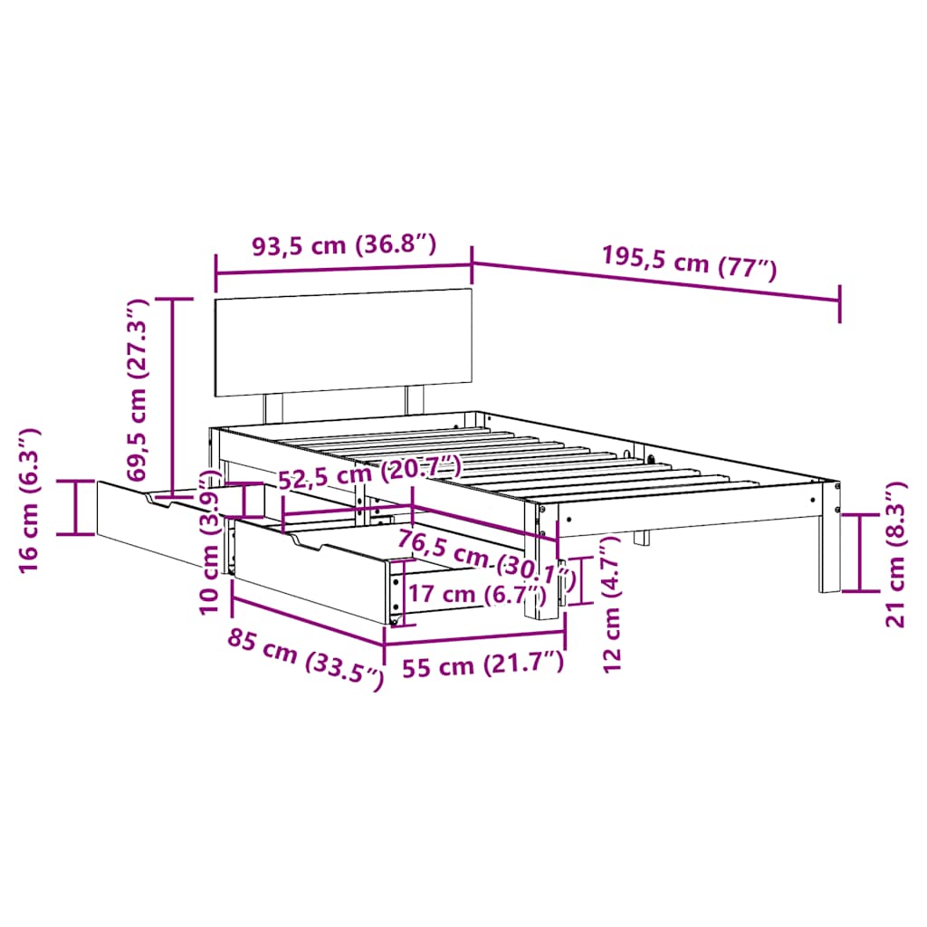 Bed Frame with Drawers without Mattress White 90x190 cm Single