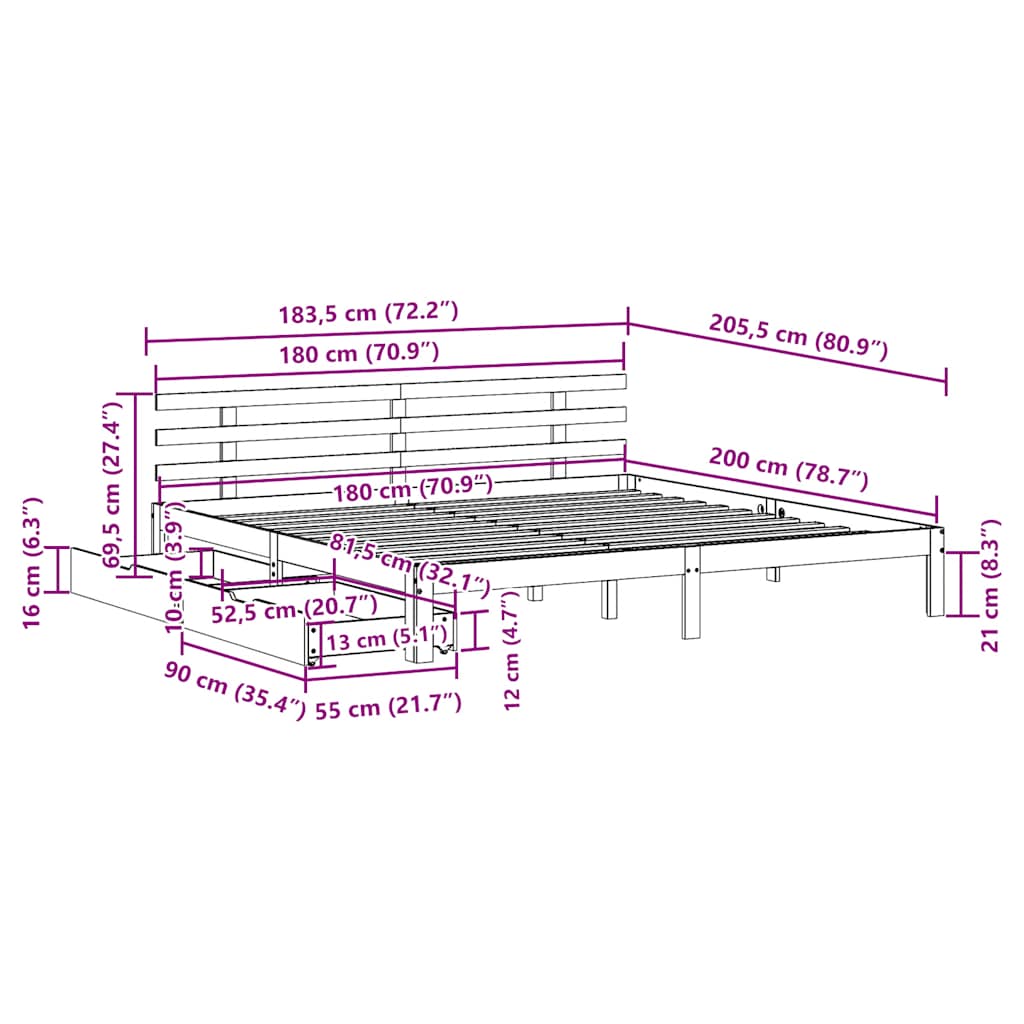 Bed Frame with Drawers without Mattress White 180x200 cm Super King