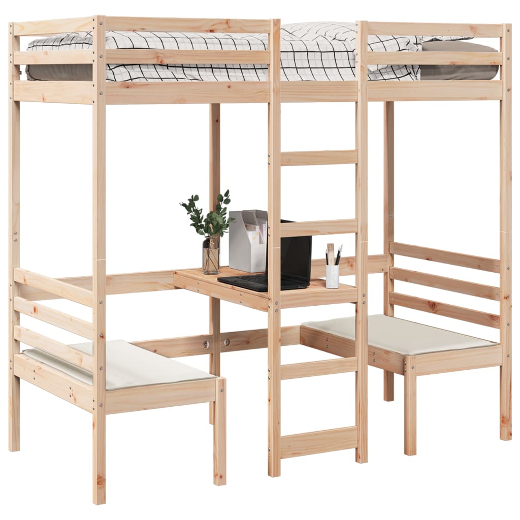 Loft Bed Frame with Desk and Chairs 80x200cm Solid Wood Pine