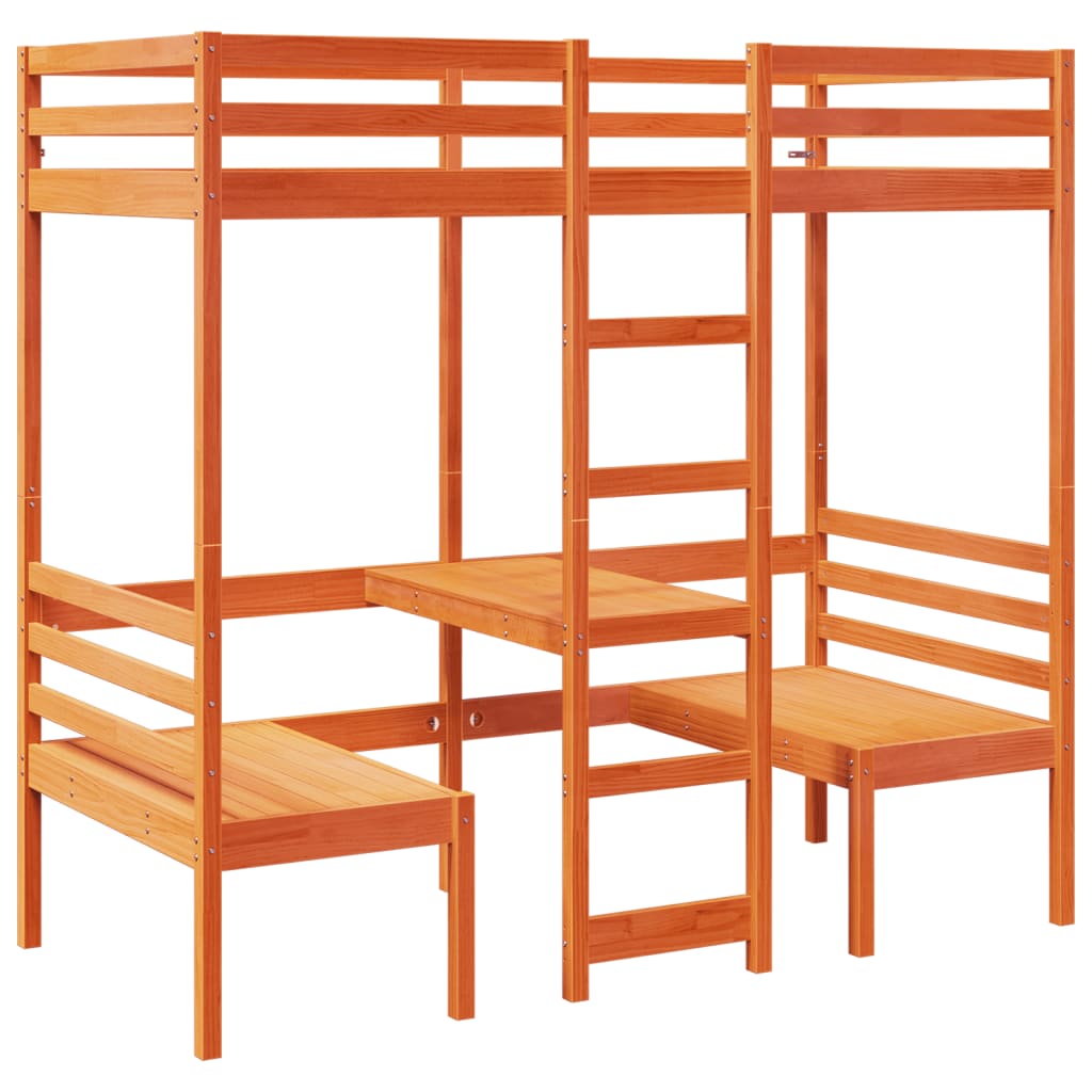 Loft Bed Frame with Desk and Chairs Wax Brown 75x190cm Solid Wood Pine