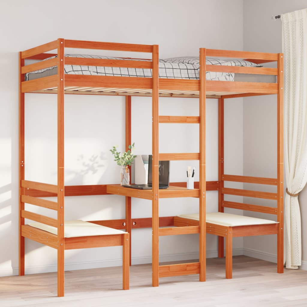 Loft Bed Frame with Desk and Chairs Wax Brown 75x190cm Solid Wood Pine