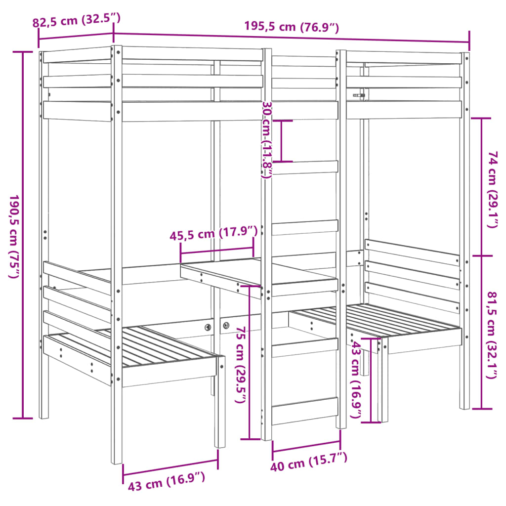 Loft Bed Frame with Desk and Chairs Wax Brown 75x190cm Solid Wood Pine